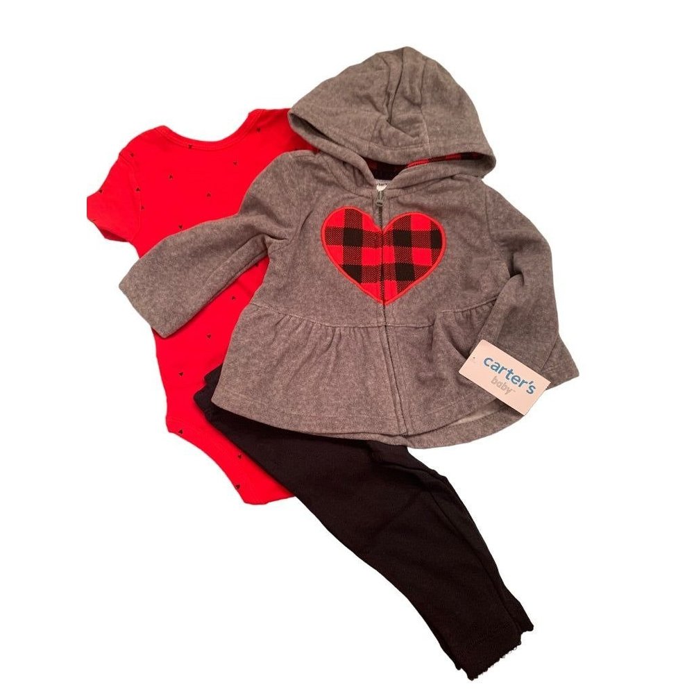 3 Months Carters Infant Girls 3 Piece Outfit Buffalo Plaid Heart New